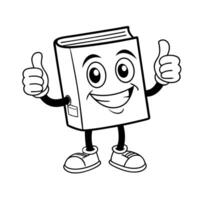 Happy book character with double thumbs up in black and white. Great for educational graphics, children's activity sheets, and learning resources. Clean and playful line art vector