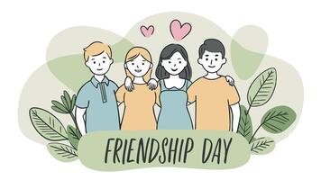 Minimalist illustration with friends and plants. Friendship Day text in green on a beige background vector
