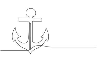 Continuous line drawing of sea anchor, Large sea anchor of the ship. Set of sea ocean elements. Continuous one line drawing of anchor banner. Linear style vector
