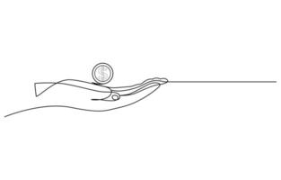 dollar money bag continuous line drawing. Hand holding coin continuous one line drawing art. Dollar linear symbol. Savings money concept. vector