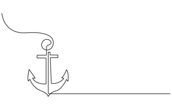 Continuous line drawing of sea anchor, Large sea anchor of the ship. Set of sea ocean elements. Continuous one line drawing of anchor banner. Linear style vector