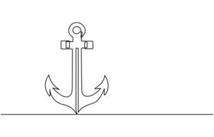 Continuous line drawing of sea anchor, Large sea anchor of the ship. Set of sea ocean elements. Continuous one line drawing of anchor banner. Linear style vector