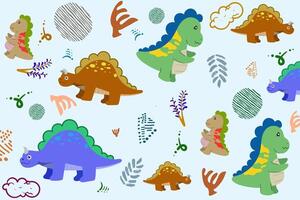 Hand drawn Random pattern with dinosaurs and abstract shapes. Colorful Cute Dino cartoon design. Perfect for kids fabric, textile, nursery wallpaper, clothes print template. vector