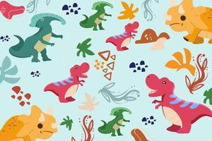 Hand drawn Random pattern with dinosaurs and abstract shapes. Colorful Cute Dino cartoon design. Perfect for kids fabric, textile, nursery wallpaper, clothes print template. vector