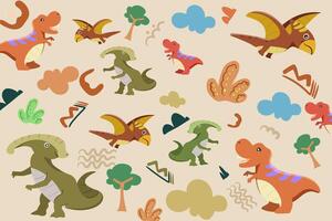 Hand drawn Random pattern with dinosaurs and abstract shapes. Colorful Cute Dino cartoon design. Perfect for kids fabric, textile, nursery wallpaper, clothes print template. vector