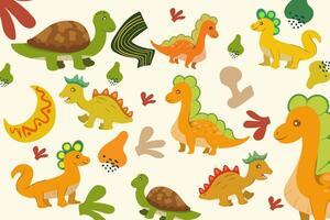 Hand drawn Random pattern with dinosaurs and abstract shapes. Colorful Cute Dino cartoon design. Perfect for kids fabric, textile, nursery wallpaper, clothes print template. vector