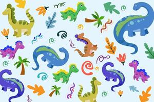 Hand drawn Random pattern with dinosaurs and abstract shapes. Colorful Cute Dino cartoon design. Perfect for kids fabric, textile, nursery wallpaper, clothes print template. vector
