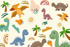 Hand drawn Random pattern with dinosaurs and abstract shapes. Colorful Cute Dino cartoon design. Perfect for kids fabric, textile, nursery wallpaper, clothes print template. vector