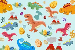 Hand drawn Random pattern with dinosaurs and abstract shapes. Colorful Cute Dino cartoon design. Perfect for kids fabric, textile, nursery wallpaper, clothes print template. vector