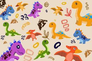 Hand drawn Random pattern with dinosaurs and abstract shapes. Colorful Cute Dino cartoon design. Perfect for kids fabric, textile, nursery wallpaper, clothes print template. vector