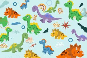 Hand drawn Random pattern with dinosaurs and abstract shapes. Colorful Cute Dino cartoon design. Perfect for kids fabric, textile, nursery wallpaper, clothes print template. vector