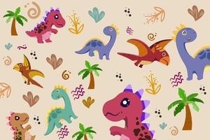 Hand drawn Random pattern with dinosaurs and abstract shapes. Colorful Cute Dino cartoon design. Perfect for kids fabric, textile, nursery wallpaper, clothes print template. vector