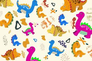 Hand drawn Random pattern with dinosaurs and abstract shapes. Colorful Cute Dino cartoon design. Perfect for kids fabric, textile, nursery wallpaper, clothes print template. vector