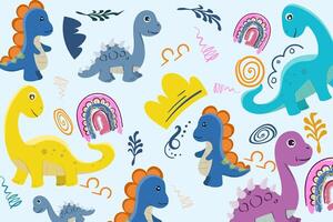 Hand drawn Random pattern with dinosaurs and abstract shapes. Colorful Cute Dino cartoon design. Perfect for kids fabric, textile, nursery wallpaper, clothes print template. vector