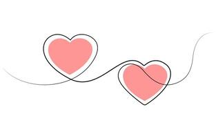 Two Hearts Continuous One Line Drawing. Valentines day concept, One continuous drawing of heart shape love sign. oitline and romantic symbol, Heart background valentine day design, one line draw vector