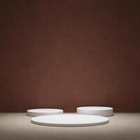 Minimal brown podium for product showcase. Cylinder shapes pedestal. Dark background display. photo