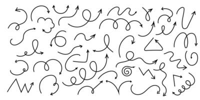 Spiral arrow doodle, wavy twist minimal squiggly line set. Curve comic turn way direction. Playful quirky simple free hand elements. vector