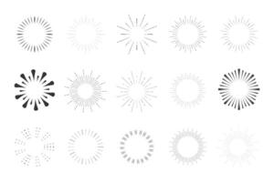 Set Fireworks, rays, sunburst frames circle border decoration, sparkle in doodle style, line sketch explosion isolated on white background. vector