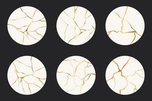 Highlight cover circle Kintsugi gold simple break lines, asian geaometric crackle. Social media frame surface with crack print, effect. Moderm cover golden broken texture. vector