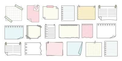 Memo sticky notes, sheet reminder, color office or school pages with tape, marks, pin, paperclip frames doodle style. Notebook bullet dairy list, funny retro drawing. vector