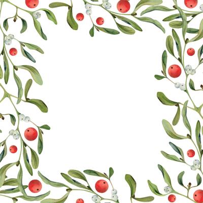 Mistletoe branches with green leaves and white berries. Watercolor hand drawn illustration, border frame isolated on white. Xmas, happy new year festive, noel navidad. Cards, gifts, florist wedding