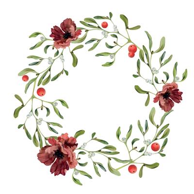 Mistletoe branches leaves berries, poppy anemone flower. Watercolor hand drawn illustration, wreath frame isolated on white. Xmas, happy new year festive, noel navidad. Print paper, textile fabric