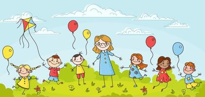 Hand drawn children with teacher doodles and sketches of happy, smiling kids. Cartoon style characters cheerful scene of friendship and fun in park. For educational and preschool settings. Not AI. vector