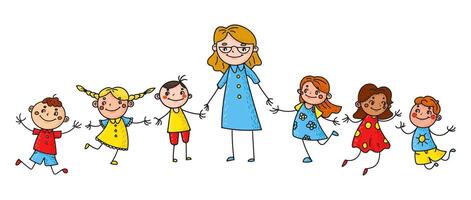 Hand drawn children illustrations doodles and sketches of happy, smiling kids. Cartoon style characters cheerful scenes of friendship and fun. Ideal for educational and preschool settings. Not AI. vector