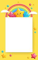 A 3D paper mockup with a rainbow, yellow background, stars and cartoon clouds. Design template for posters or documents, featuring blank space for customization. Ideal for business, kids. Not AI. vector