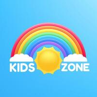 3D rainbow, sun, and clouds in a kids zone sticker. Bright, colorful design with playful elements like bubbles and letters. Perfect for banners, playgrounds, and party decorations. Not AI. vector