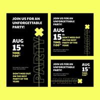 Futuristic party poster and banner set with neon design. Features vibrant, glowing visuals and modern elements for music and nightlife events. Ideal for invitations, flyers, and marketing. Not AI. vector