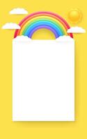 A 3D paper mockup with a rainbow, yellow background, sun and cartoon clouds. Design template for posters or documents, featuring blank space for customization. Ideal for business, kids. Not AI. vector