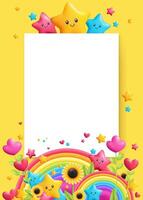 A 3D paper mockup with a rainbow, yellow background, stars and cartoon flowers. Design template for posters or documents, featuring blank space for customization. Ideal for business, kids. Not AI. vector