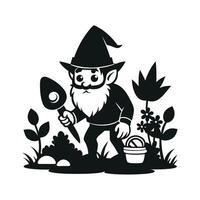 fantastic gnome in the garden and in search of treasure. Laser cutting poses fairytale dwarf elf. Isolated illustration on white background. vector