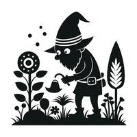 fantastic gnome in the garden and in search of treasure. Laser cutting poses fairytale dwarf elf. Isolated illustration on white background. vector