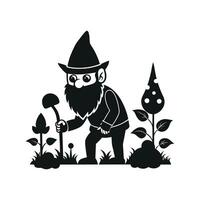 fantastic gnome in the garden and in search of treasure. Laser cutting poses fairytale dwarf elf. Isolated illustration on white background. vector