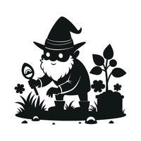 fantastic gnome in the garden and in search of treasure. Laser cutting poses fairytale dwarf elf. Isolated illustration on white background. vector