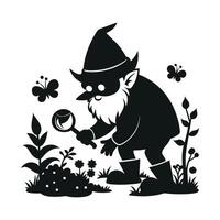 fantastic gnome in the garden and in search of treasure. Laser cutting poses fairytale dwarf elf. Isolated illustration on white background. vector