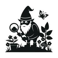 fantastic gnome in the garden and in search of treasure. Laser cutting poses fairytale dwarf elf. Isolated illustration on white background. vector