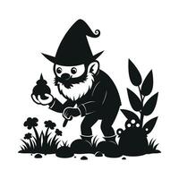 fantastic gnome in the garden and in search of treasure. Laser cutting poses fairytale dwarf elf. Isolated illustration on white background. vector