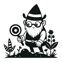 fantastic gnome in the garden and in search of treasure. Laser cutting poses fairytale dwarf elf. Isolated illustration on white background. vector