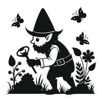fantastic gnome in the garden and in search of treasure. Laser cutting poses fairytale dwarf elf. Isolated illustration on white background. vector