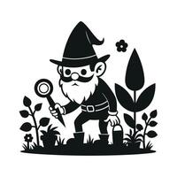 fantastic gnome in the garden and in search of treasure. Laser cutting poses fairytale dwarf elf. Isolated illustration on white background. vector