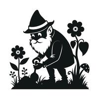 fantastic gnome in the garden and in search of treasure. Laser cutting poses fairytale dwarf elf. Isolated illustration on white background. vector