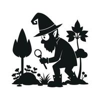 fantastic gnome in the garden and in search of treasure. Laser cutting poses fairytale dwarf elf. Isolated illustration on white background. vector