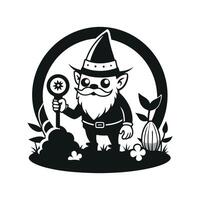fantastic gnome in the garden and in search of treasure. Laser cutting poses fairytale dwarf elf. Isolated illustration on white background. vector