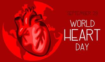 illustration on the theme of World Heart Day, which is celebrated every year on September 29 all over the world. A flat illustration like a banner with text. Horizontal. Red and shades vector