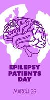 International Epilepsy Day banner for March 26. The brain is a contoured silhouette in purple colors on a ground background with a ribbon on white and shades of purple. Brain problems, illness vector