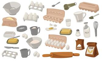 Set of ingredients and baking tools. Paper bag with flour, bag of sugar, piece of butter, measuring cup, chicken eggs, salt shaker, a whisk, milk, wooden rolling pin and more in different positions. vector