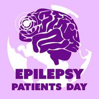 International Epilepsy Day banner for March 26. The brain is a flat silhouette in purple colors against the background of the earth with a ribbon on shades of purple. Brain problems, illness. Square vector